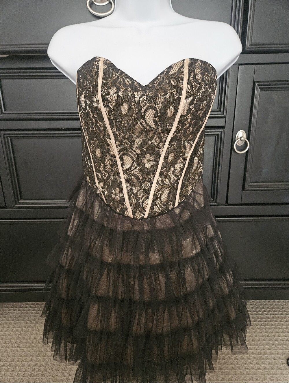 Masquerade Lace Corset Tiered Tulle Ruffle Mini Dress Black Nude Size 7/8